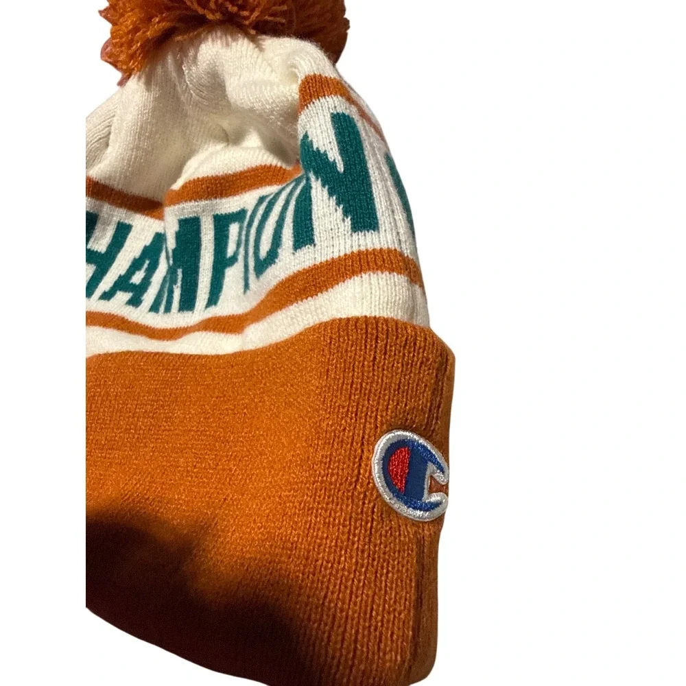 Champion Knit Pom Beanie Hat Orange White Teal Cuffed Logo One Size NWT